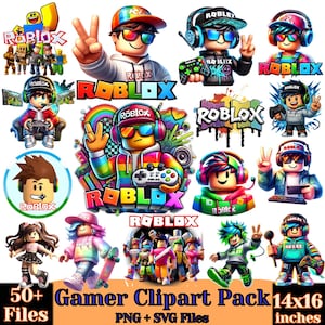May include: A digital collection of Roblox-themed character illustrations featuring various avatars wearing colorful hoodies, caps, and headphones, holding game controllers, with the Roblox logo displayed in multiple styles and vibrant rainbow color palettes.