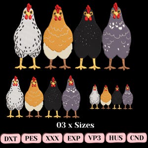May include: An image featuring embroidered chicken designs in various colors, including white with black spots, orange, black, and gray. The chickens are in three different sizes. The text "03 x Sizes" is below the chickens, along with file type abbreviations.