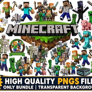 Könnte beinhalten: Eine digitale Sammlung von über 65 Minecraft-Charakter- und Kreaturen-PNG-Dateien mit Steve, Alex, Creepers, Endermen und verschiedenen Tieren. Die Grafik enthält das Minecraft-Logo und den Text 65+ HIGH QUALITY PNGS FILES.