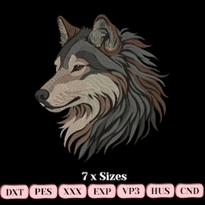 May include: Embroidered wolf head design in shades of gray, brown, and beige on a black background. The image includes the text "7 x Sizes" and file type abbreviations: DXT, PES, XXX, EXP, VP3, HUS, and CND.