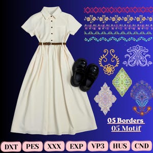 Può includere: Un abito color crema a maniche corte con colletto, cintura marrone e mocassini neri, accompagnato da cinque motivi di bordo e cinque disegni decorativi, con il testo 05 Borders 05 Motif e i formati di file DXT, PES, XXX, EXP, VP3, HUS, CND.