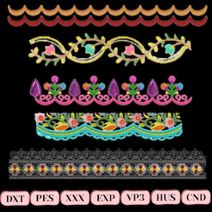 May include: Five distinct horizontal embroidery border designs featuring scalloped lines, floral vines, pink petal motifs, colorful blossoms with teal trim, and a geometric black lace pattern, with file formats DXT, PES, XXX, EXP, VP3, HUS, and CND listed.