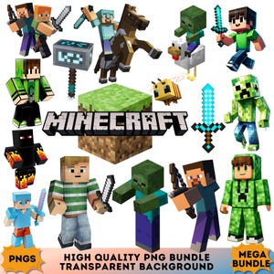 Può includere: Una collezione digitale di personaggi, oggetti e il logo Minecraft. Il set include figure cubiche come Steve, zombi, un creeper, un cavallo, un'ape, un pollo, spade e un blocco d'erba, il tutto realizzato in uno stile pixelato.