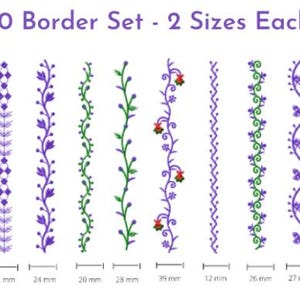 May include: A digital set of 10 embroidery border designs featuring floral, vine, and geometric patterns in purple and green. Each design includes a measurement line showing widths from 12 mm to 39 mm. The text 10 Border Set - 2 Sizes Each is visible.