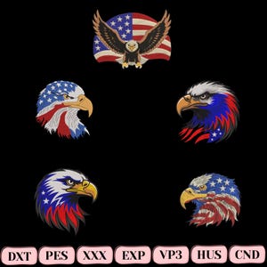 May include: Five embroidered eagle designs featuring American flag motifs in red, white, and blue. One eagle is depicted with wings spread over a flag background, while four others show eagle heads in profile. Text at the bottom reads DXT, PES, XXX, EXP, VP3, HUS, CND.
