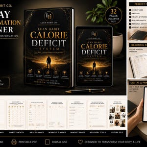 May include: A 90-day transformation planner titled Lean Habit Calorie Deficit System, featuring a black cover with gold text and a silhouette graphic. The set includes a digital tablet version, printable interior pages, and a calorie calculator bonus.