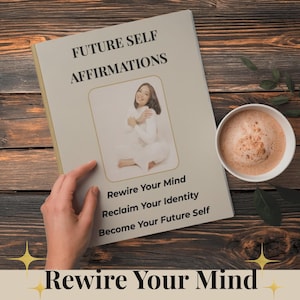 May include: A book titled "FUTURE SELF AFFIRMATIONS" with a photo of a woman. The book is on a wooden surface next to a cup of coffee. Text on the book reads "Rewire Your Mind, Reclaim Your Identity, Become Your Future Self."