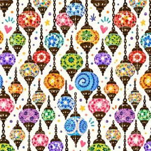 Motivo a mosaico senza soluzione di continuità con lanterne colorate, stampa su tessuto in stile boho (download digitale)