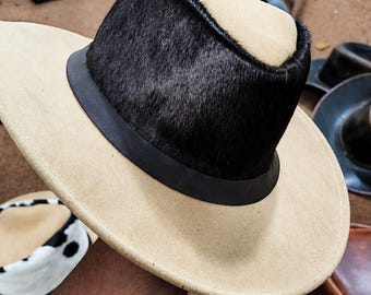 Handcrafted Hair-On Cowhide Leather Top Hat | Genuine Leather Western Cowboy Hat | Dual Material Ranch Hat | Vintage Western Fashion Hat