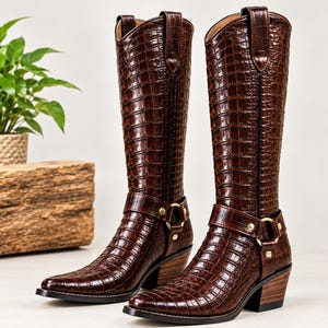 Puede incluir: Un par de botas marrones hasta la rodilla con un patrón texturizado de relieve de cocodrilo. Cada bota incluye una correa decorativa con herrajes de metal dorado, punta afilada y un tacón de madera apilada con acabado oscuro.