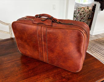 Vintage Italian Cognac Suitcase | 1970s Travel Luggage | Scovill Zippers | Old World Leather Look Travel Case