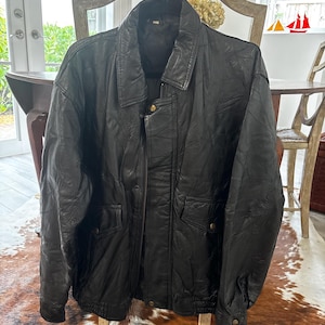 Vintage Black Genuine Leather Patchwork Bomber Jacket Oversized 90s Style