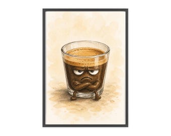 Grumpy Espresso Shot Poster with Wooden Frame | Coffee Art Wall Decor