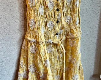 Vintage Boho Yellow Embroidered Sundress | Cottagecore Prairie Lace Trim Dress | Romantic Festival Midi Dress