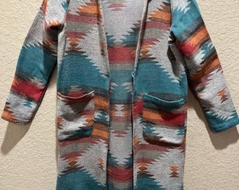 Southwestern Aztec Hooded Duster Cardigan | Boho Ranchwear Knit Sweater Coat