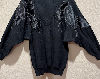 1980s Black Beaded Appliqué Batwing Sweater | Avant Garde Dolman Knit Top