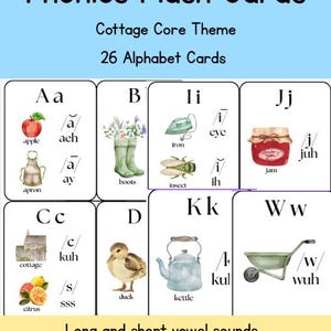 May include: A set of 26 alphabet flash cards with a cottage core theme. Each card features a watercolor illustration and a word, such as an apple, boots, and a duck. The cards include the text "Long and short vowel sounds" and "Parent Guide included."
