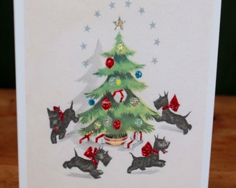Christmas Card with Decorated Tree and Scottish Terriers
