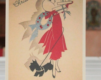 Christmas Card with Chic Art Deco Woman and her Dog