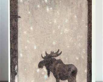 Christmas Card with Moose Watching Snow Fall