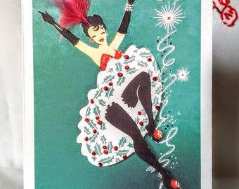 Christmas Greeting Card with Dancing Rockette or Vegas Show Girl