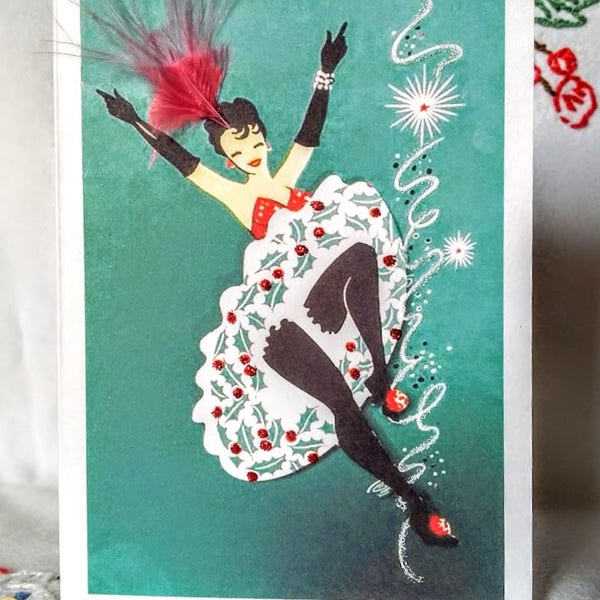 Christmas Greeting Card with Dancing Rockette or Vegas Show Girl