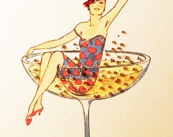 Happy New Year Card with Art Deco Babe in Champagne Glass