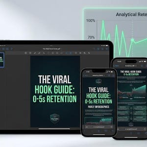 Peut inclure: Une tablette et deux smartphones affichent un guide intitulé "THE VIRAL HOOK GUIDE: 0-5s RETENTION." L'arrière-plan présente un graphique montrant la rétention analytique et le texte "Algorithm Boost Activated."