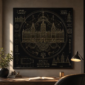 May include: A framed black and gold architectural print. The print features detailed line drawings of buildings and geometric shapes, with text in a foreign language. The artwork is displayed above a wooden desk with a lamp and a plant.