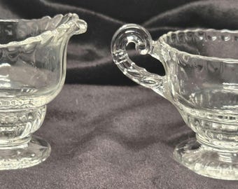 VTG 30/40s Cambridge Glass Gadroon Creamer and Sugar Set, Clear Elegant Pressed Glass Pedestal Cream and Sugar, Pie Crust Rim Footed Dish