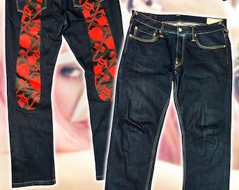 EVISU Heritage “Daicock” Jeans – Huge Red Pattern Back Seagull Print – Dark Indigo – Size 36x34 (Tag) – 2010