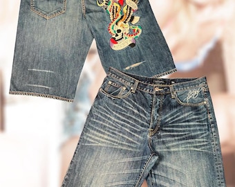 Ed Hardy Denim Shorts – NYC Skull Snake Tattoo Embroidery – Dark Wash – Y2K Christian Audigier – Size W36