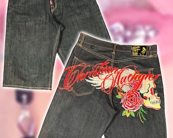 Christian Audigier Denim Shorts – Skull / Roses / Script Embroidery – Dark Wash – Fits M–L