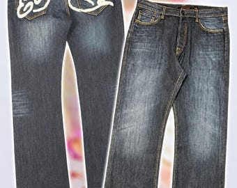 Ed Hardy Jeans – Big White Script Back Logo – Dark Blue Wash – Size 36x34 – Y2K Christian Audigier Denim