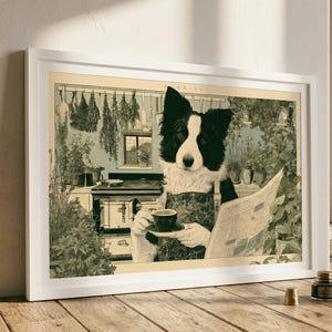 May include: Framed art print featuring a black and white Border Collie dog in an apron, holding a cup of coffee and reading a newspaper. The background depicts a kitchen scene with herbs and plants, creating a cozy, vintage aesthetic.