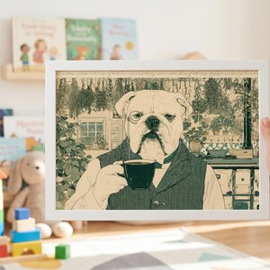 May include: White framed art print featuring a distinguished bulldog in a waistcoat and monocle, holding a teacup. The artwork has a vintage aesthetic with a sepia-toned color palette, depicting a kitchen scene with hanging herbs.