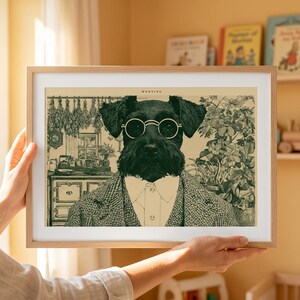 May include: A framed art print featuring a black dog wearing round glasses and a tweed jacket. The dog is depicted in a vintage style with a detailed background of a kitchen scene. The print is held by a person.