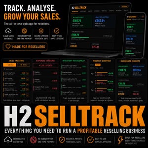 May include: Image promoting H2 Selltrack, a web app for resellers. The image shows a laptop and smartphone displaying the app's dashboard, with features like sales tracking and inventory management. Text highlights key benefits, including cloud saving.