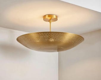 Perforierte Messing Semi Flush Mount Deckenleuchte, Mid Century Modern Gold Lampe