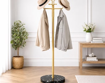 Brass Coat Rack with Black Marble Base – Modern Entryway Organizer