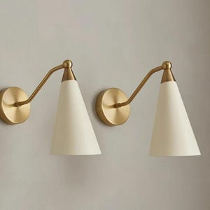 Mid Century Modern Brass Wall Sconce, Italian Style Cone Shade Wall Lamp, Bedside Wall Fixture, Bathroom Vanity Light | Plug-in or Hardwired