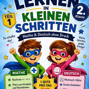 Könnte beinhalten: Ein buntes Lernbuch-Cover mit dem Titel "Lernen in kleinen Schritten" für die 2. Klasse. Es zeigt zwei Comic-Superhelden in Grün und Pink vor einem blauen, sternenbesetzten Hintergrund. Der Text umfasst "Mathe & Deutsch ohne Druck" sowie "1 Seite pro Tag".