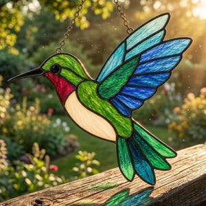 May include: A stained glass hummingbird suncatcher featuring vibrant green, blue, and red glass panels with black lead lines. The bird is suspended by a thin metal chain, showcasing a white belly and detailed wing feathers in shades of blue.