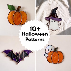 May include: A collection of four stained glass ornaments featuring a pumpkin with a green leaf, a ghost wearing a purple witch hat, a purple and black bat, and a ghost peeking over a pumpkin, with the text 10+ Halloween Patterns in the center.