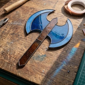 Puede incluir: Un hacha de batalla de doble filo hecha de vidrieras, con dos hojas translúcidas de color azul en forma de media luna y un mango central con una textura marrón moteada, todo unido por líneas de soldadura de metal oscuro.