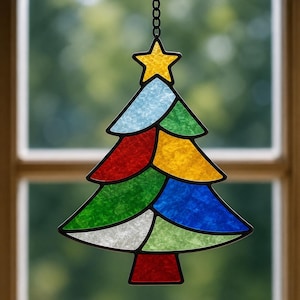 May include: A stained glass Christmas tree ornament featuring a yellow star at the top and multiple segments of textured glass in blue, green, red, yellow, and white. The piece is outlined in black metal and hangs from a black metal chain.