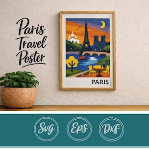May include: A framed travel poster featuring a stylized illustration of the Paris skyline, including the Eiffel Tower, Notre Dame, and a crescent moon. The scene depicts a riverbank with a table, chairs, and the text PARIS at the bottom.