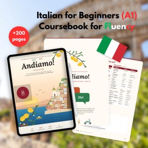 May include: An Italian for Beginners A1 coursebook titled Andiamo! featuring a digital tablet display and printed pages. The cover shows a coastal town illustration with lemons, while the interior pages include a nationality table and Italian flag.