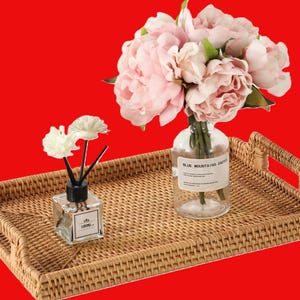 Handmade Rattan Serving Tray, Woven Wicker Tray with Handles, Boho Coffee Table Tray, Farmhouse Decor, Ottoman Tray