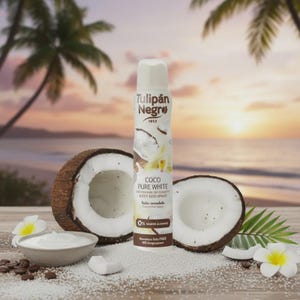 Peut inclure: Un flacon de déodorant blanc et argenté avec le texte "Tulipán Negro" et "Coco Pure White" est présenté à côté d'une noix de coco coupée en deux, d'un bol de crème et de flocons de noix de coco. L'arrière-plan présente une scène de plage.